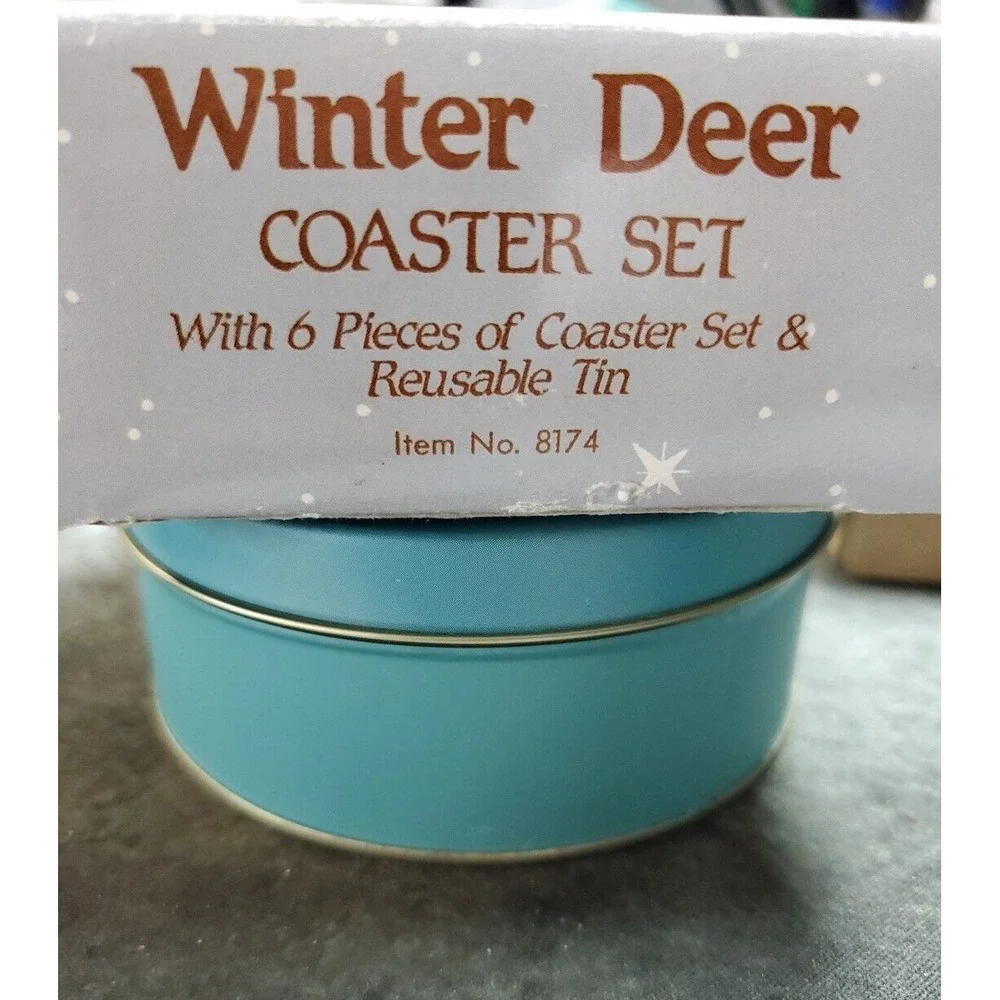 Vintage 1990 Winter‎ Deer Coaster Set With Tin Christmas Buck 6 Piece